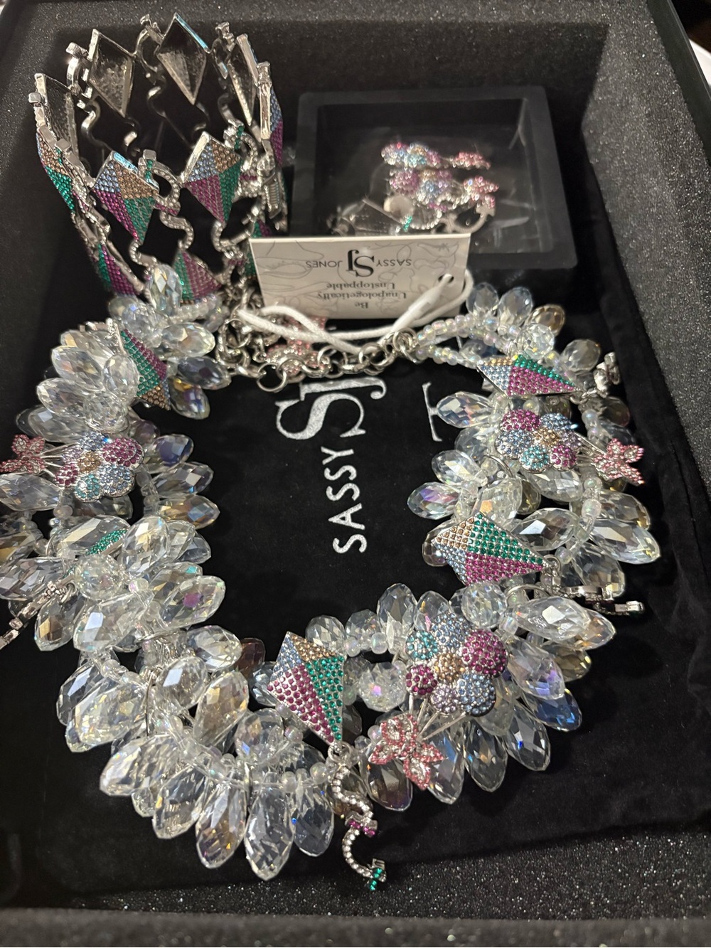 Crystal Statement Necklace & Bracelet Set - Multicolor